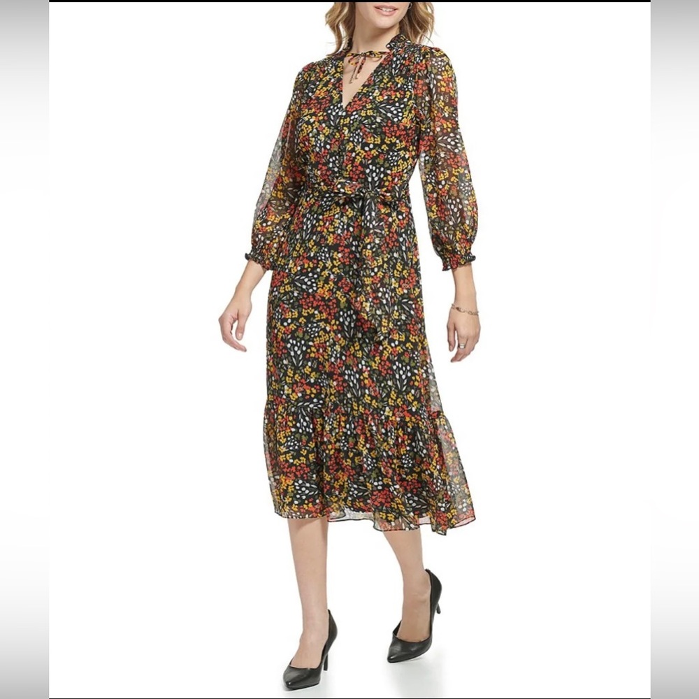 Karl Lagerfeld Black Floral Midi Dress with Red Yellow and Green Accents